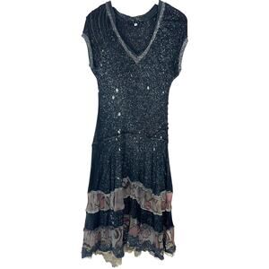 Mezon Speckled Art To Wear Lagenlook Tiered Mixed Material Dress Size Small